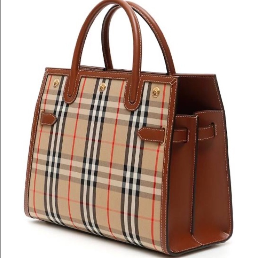 Burberry Small Title Check Double Handle Leather Bag